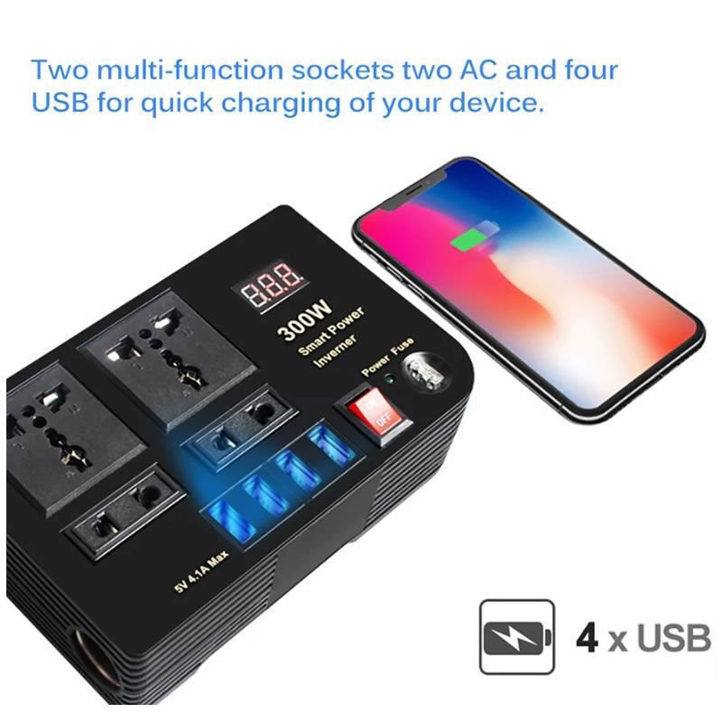 Andowl Modified Sine Car Inverter 300W to Convert 12V DC to 220V AC with 4xUSB