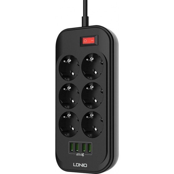 Ldnio Πολύπριζο Ασφαλείας 6 Θέσεων με Διακόπτη, 4 USB και Καλώδιο 2m Μαύρο SE6403