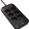 Ldnio 6 Position Safety Power Strip with Switch, 4 USB and 2m Cable Black SE6403