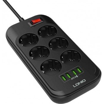 Ldnio 6 Position Safety Power Strip with Switch, 4 USB and 2m Cable Black SE6403