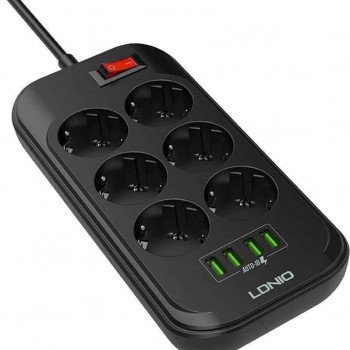 Ldnio 6 Position Safety Power Strip with Switch, 4 USB and 2m Cable Black SE6403