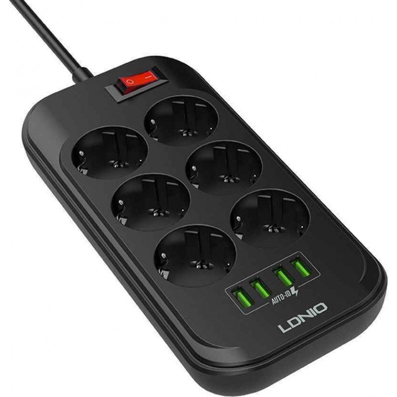 Ldnio 6 Position Safety Power Strip with Switch, 4 USB and 2m Cable Black SE6403