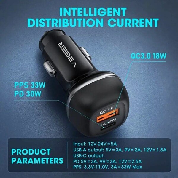 Veger Φορτιστής Αυτοκινήτου Μαύρος CC62-1A1C Γρήγορης Φόρτισης με Θύρες: 1xUSB 1xType-C